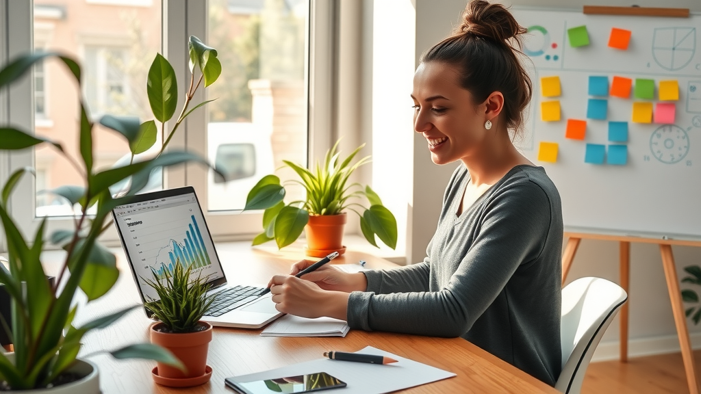 A focused and inspiring scene set in a modern, minimalistic home office, featuring a young woman in her late 20s with an engaged expression, sitting at a sleek wooden desk equipped with a laptop displaying graphs and charts. Sunlight filters through a large window, casting a warm glow over the space filled with greenery from potted plants. The woman is animatedly taking notes while analyzing data, embodying the essence of strategic thinking and collaboration. In the background, a whiteboard filled with colorful post-it notes and diagrams emphasizes the theme of competitor analysis and business intelligence. The color palette is fresh and vibrant, evoking a sense of positivity and potential. The composition is a slightly angled wide shot capturing both the focus on the woman and the clarity of her organized workspace, promoting a sense of empowerment through technology and personal growth.
