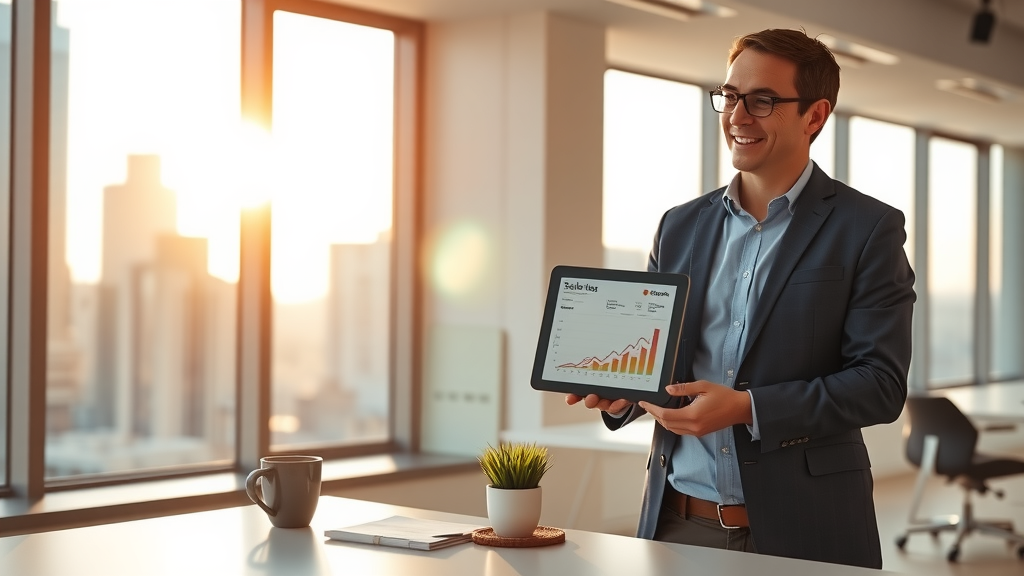 A confident real estate agent in their mid-30s, dressed in a smart casual outfit, standing in a bright, modern office with large windows showcasing a vibrant city skyline. The agent is smiling while reviewing a digital tablet displaying graphs and charts that highlight sales growth, evoking a sense of accomplishment and innovation. The lighting is bright and airy, illuminating the space with natural light. In the foreground, a sleek desk is adorned with a small potted plant, a coffee mug, and a notepad, symbolizing organization and productivity. The color palette is warm and inviting, conveying a positive atmosphere of success and empowerment through automation. The scene captures the essence of professional growth and the joy of closing more deals, showcasing a harmonious blend of work and personal achievement.