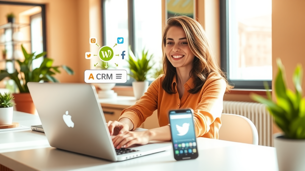 A focused and vibrant workspace featuring a young woman in her late 20s with a cheerful expression, sitting at a sleek desk adorned with a laptop and a smartphone. She is engaged in connecting her WordPress website to a CRM system while social media icons are displayed on the screen, symbolizing efficiency and automation. The setting is a sun-drenched home office with indoor plants and a warm color palette, creating an inviting atmosphere. The lighting is bright and airy, streaming through large windows, emphasizing a sense of clarity and productivity. The composition is a close-up angle, capturing her joyful determination and the smooth integration of technology in her life.