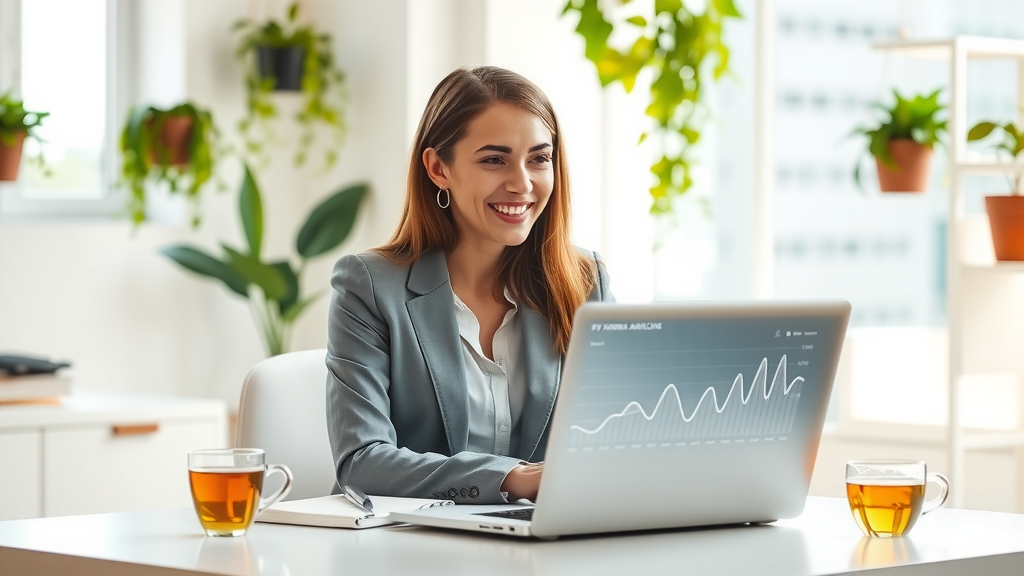 A modern, well-lit office space featuring a young professional woman in her early 30s, wearing smart-casual attire, sitting at a sleek desk with a laptop open in front of her. She has a focused but joyful expression as she engages in a video call, showcasing vibrant interactions with clients through a VoIP application. The background is decorated with hanging plants and minimalist decor, conveying a sense of calm and productivity. Soft, natural light floods the room, enhancing the atmosphere of a balanced work environment. On the desk, a notepad and a cup of herbal tea indicate her commitment to both work and personal well-being. In the foreground, a digital analytics dashboard is subtly displayed on the laptop screen, symbolizing the integration of technology and improved conversion rates, while the overall color palette is fresh and airy, evoking a sense of empowerment and innovation.