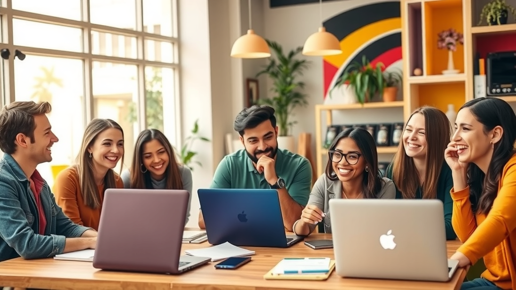 A vibrant and engaging image of a diverse group of small business owners in their 30s and 40s, gathered around a table in a well-lit, modern cafe, brainstorming ideas for a customer loyalty program. They are smiling and animated, displaying joy and collaboration, with laptops and notepads scattered across the table. The background features colorful decor and plants, creating an inviting atmosphere. Soft, natural light streams through large windows, enhancing the mood of creativity and excitement. The scene captures the essence of innovation and connection, emphasizing the positive transformation of customer relationships through loyalty programs.