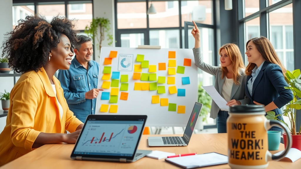 A dynamic and engaging image capturing a group of diverse business professionals in a modern office setting. In the foreground, a woman in her early 30s with curly hair and smart-casual attire is leading a brainstorming session, enthusiastically pointing at a whiteboard filled with colorful post-it notes and diagrams. In the background, a man in his late 40s and two younger colleagues, one male and one female, are exchanging ideas, looking energized and inspired. The lighting is bright and uplifting, with natural light streaming through large windows. The composition is eye-level, conveying a sense of collaboration and possibility. The color palette is vibrant, with blues and yellows dominating, evoking a feeling of motivation and positive transformation. Key details include a laptop open on the table displaying graphs, a coffee mug with a motivational quote, and potted plants adding a touch of warmth and freshness to the space.