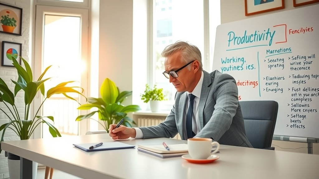 A dynamic scene capturing a middle-aged businessman in a smart casual outfit, focused and engaged, working intensely at a sleek, minimalist desk in a well-lit modern office. The walls are adorned with motivational artwork, and a plant adds a touch of nature to the atmosphere. Through a large window, sunlight floods in, casting a warm glow and illuminating the workspace. In the foreground, a whiteboard filled with productivity tips and strategies highlights key insights. The businessman wears an expression of determination mixed with relaxation, symbolizing a balance between work and personal growth. The color palette is bright and energetic, evoking a sense of inspiration and motivation.