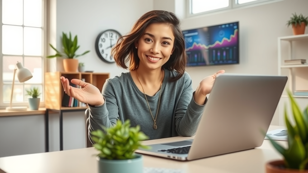 A dynamic, eye-level shot of a confident woman in her early 30s, with an engaging smile, sitting at a minimalist desk adorned with plants and a sleek laptop in a bright home office environment. The room is filled with soft natural light filtering through large windows, creating a warm and inviting atmosphere. In the background, soft-focus elements of a well-organized workspace highlight productivity and efficiency. The woman is relaxed, gesturing toward an illuminated screen displaying vibrant data analytics, symbolizing business growth even during rest. The colors are fresh and airy, evoking a sense of calm and fulfillment, while small details like a clock showing nighttime suggest that work happens seamlessly, even while she sleeps.