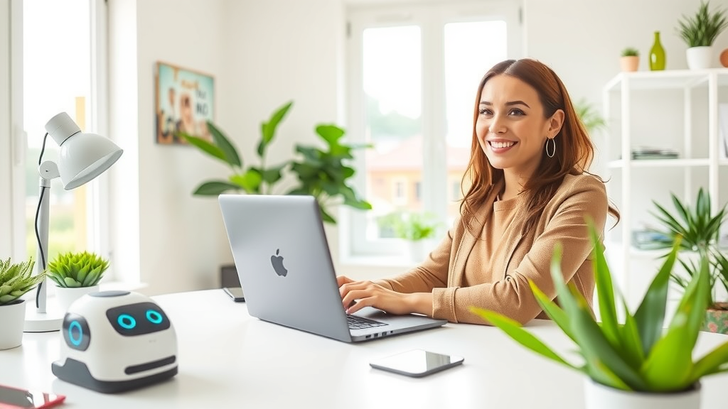 A dynamic scene featuring a young professional woman in her early 30s with an enthusiastic expression, working efficiently at a clean, modern desk equipped with a sleek laptop and smart devices. She is surrounded by plants and inspirational decor in a well-lit, minimalistic home office. Soft natural light streams through large windows, creating a bright and inviting atmosphere. In the background, a robotic assistant tidies up her workspace effortlessly, symbolizing the theme of automation. The composition is an eye-level shot, capturing her focused demeanor while reflecting a sense of empowerment and work-life balance. The color palette is fresh and airy, promoting a feeling of joy and freedom from routine tasks.