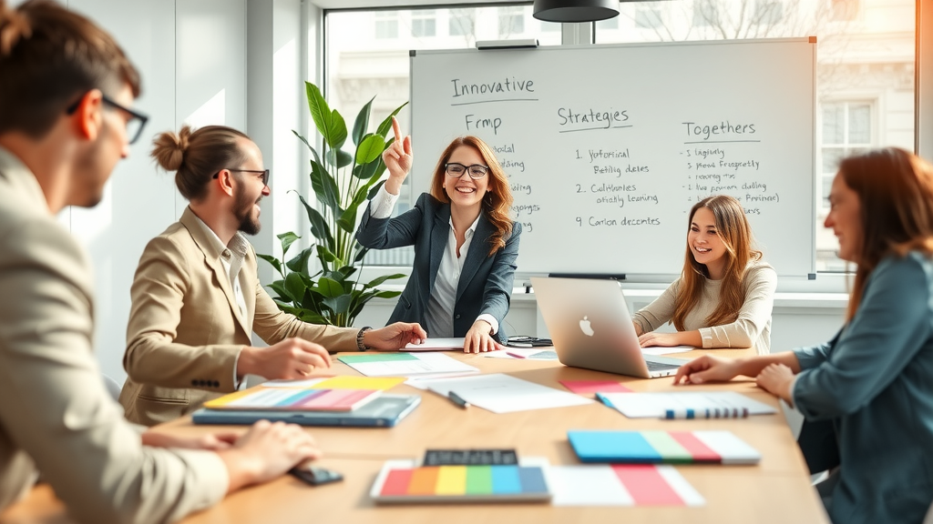 A dynamic and inspiring scene featuring a diverse group of professionals, including a mid-30s woman with glasses in a smart-casual outfit, enthusiastically collaborating around a modern conference table, filled with colorful brainstorming materials and laptops. The atmosphere is bright and energetic, illuminated by soft natural light streaming through large windows, creating a sense of openness and creativity. In the background, a whiteboard showcases innovative strategies for productivity, while a peaceful indoor plant adds a touch of nature, symbolizing growth. The composition highlights teamwork and positive energy, conveying a sense of empowerment and the joy of overcoming business challenges together.
