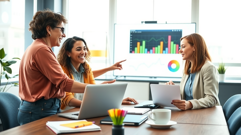 A dynamic wide-angle shot of a diverse team of business professionals in a modern office space, analyzing vibrant charts and graphs displayed on a large screen. The team, consisting of a middle-aged woman with glasses, a young man with a laptop, and a woman in her 30s holding a tablet, all exhibit expressions of focus and enthusiasm as they discuss strategies for boosting sales. Soft natural lighting floods the room, creating an inviting atmosphere. On the desk, there are colorful sticky notes, a notebook, and a coffee cup, symbolizing creativity and collaboration. The overall color palette is bright and fresh, evoking a sense of optimism and potential for growth.