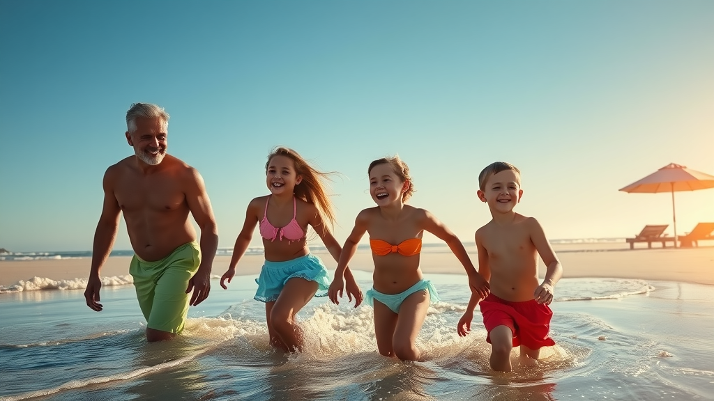 A stunning wide shot of a family of four enjoying a perfect vacation on a picturesque beach, with a clear blue sky and gentle waves lapping at the shore. The parents, in their early 40s, are laughing and playing with their two children, a girl and a boy, both around 8 years old, all wearing colorful swimwear. The scene captures their carefree joy, with sunlight creating sparkling reflections on the water. In the background, a minimalist setup with a beach umbrella and towels evokes a sense of simplicity and peace. The warm and inviting golden hour light enhances the vibrant colors of the scene, creating an atmosphere of unforgettable moments made easy and stress-free through automation. The composition focuses on expressions of genuine happiness and togetherness, embodying the ideal vacation experience.