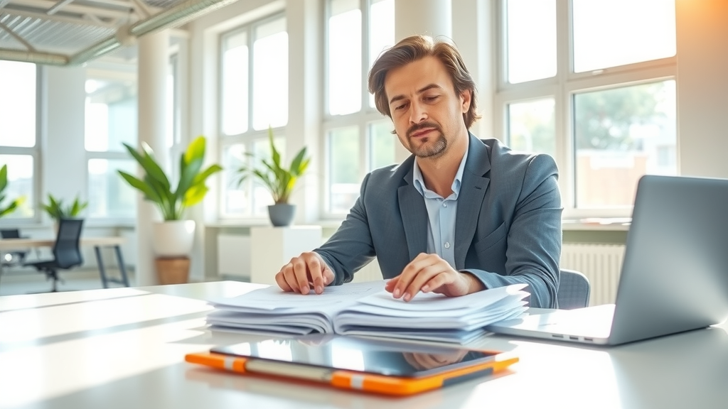 A professional individual in their early 40s, wearing a smart casual outfit, is attentively reviewing a stack of organized documents on a sleek desk in a bright, modern office space. The room is filled with natural light streaming through large windows, creating a warm and inviting atmosphere. In the background, subtle hints of technology, such as a laptop and a neatly arranged digital checklist, symbolize efficiency and organization. The person's expression reflects concentration and calm, suggesting a proactive approach to minimizing costly mistakes. The color palette is fresh and airy, with light blues and greens dominating the scene, evoking a sense of clarity and focus. The composition captures the individual from eye level, emphasizing their engaged demeanor while maintaining a clear view of the workspace, illustrating the theme of effective document flow management.