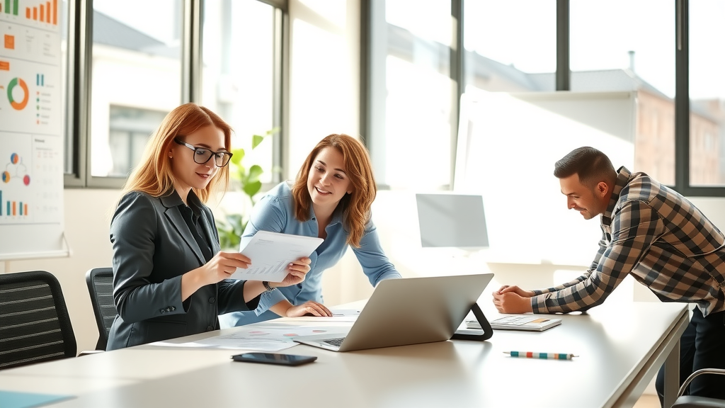 A focused scene in a modern, sunlit office featuring a mixed-gender team of three professionals in their 30s. One woman, wearing smart casual attire, is enthusiastically explaining ROI calculations on a digital tablet, while a man and another woman, both smiling and engaged, are leaning over a sleek desk filled with charts and graphs. Soft natural light streams through large windows, illuminating the room and reflecting a sense of productivity and collaboration. In the background, a whiteboard is filled with colorful notes and diagrams, symbolizing creativity and strategy. The overall mood is vibrant and energetic, conveying a sense of empowerment and clarity in business efficiency through automation.