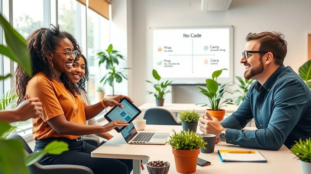 A dynamic, modern office scene showing a diverse group of professionals in their 30s and 40s, engaged in a collaborative discussion about no-code solutions versus traditional development. The group consists of two women and one man, with a mixture of ethnic backgrounds, all smiling and animated as they share ideas. The setting features a bright, open workspace filled with plants, large windows allowing soft natural light to flood the area, and minimalistic desks with laptops and notepads scattered about. One woman is pointing excitedly at a tablet displaying a no-code platform, while the man nods thoughtfully, a whiteboard in the background illustrating a chart of pros and cons. The mood is vibrant, showcasing an innovative approach to technology that encourages teamwork and creativity. The composition is slightly elevated to capture the collaborative energy without losing focus on the expressions of joy and engagement among the team members.
