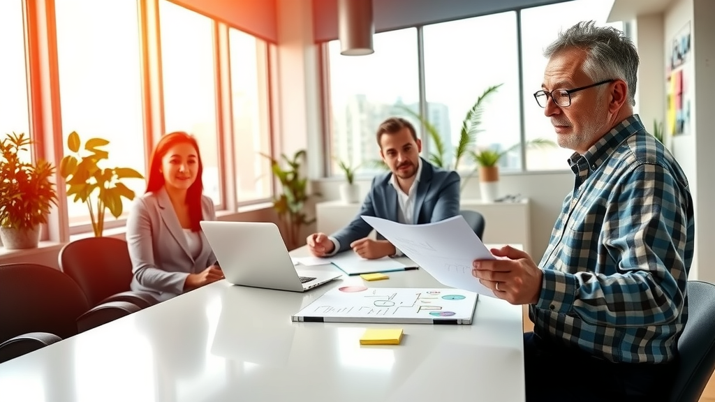 A professional and engaging scene depicting a diverse team of business professionals in a modern office environment, collaborating around a sleek conference table. The team, consisting of a middle-aged woman in business attire, a young man casually dressed with a laptop, and an older man with glasses reviewing documents, all wearing expressions of focus and determination. Natural light floods the room through large windows, creating a vibrant atmosphere with a sense of openness and positivity. The setting includes a whiteboard covered in strategic notes and colorful post-it notes, symbolizing brainstorming and innovative ideas. The color palette is warm and inviting, evoking feelings of motivation and collaboration, while plants in the background add a touch of freshness. The angle is slightly elevated, capturing both the individuals and their dynamic interactions, embodying the spirit of risk-free automation and successful transformation in business.
