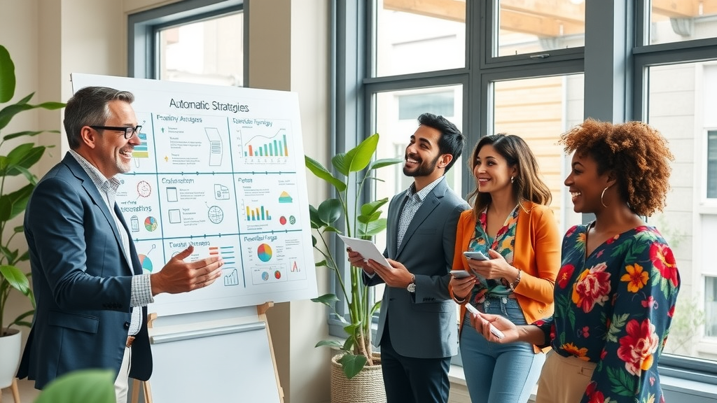 A vibrant and engaging scene in a modern office conference room where a diverse team of professionals in their 30s and 40s are actively participating in a brainstorming session. One man, wearing a smart-casual outfit and glasses, stands at a whiteboard filled with colorful diagrams and notes, passionately explaining automation strategies with an enthusiastic expression. Around him, three colleagues - a woman with long brown hair wearing a blazer, a man with a beard in a casual shirt, and a woman with short curly hair dressed in a colorful blouse - are nodding and taking notes, showing genuine interest and excitement. The room is filled with natural light from large windows, and there are plants in the corners, creating a lively and inspiring atmosphere. The colors are bright and uplifting, emphasizing a sense of collaboration and positivity. The image evokes joy, motivation, and the transformative power of effective communication in promoting innovative ideas.