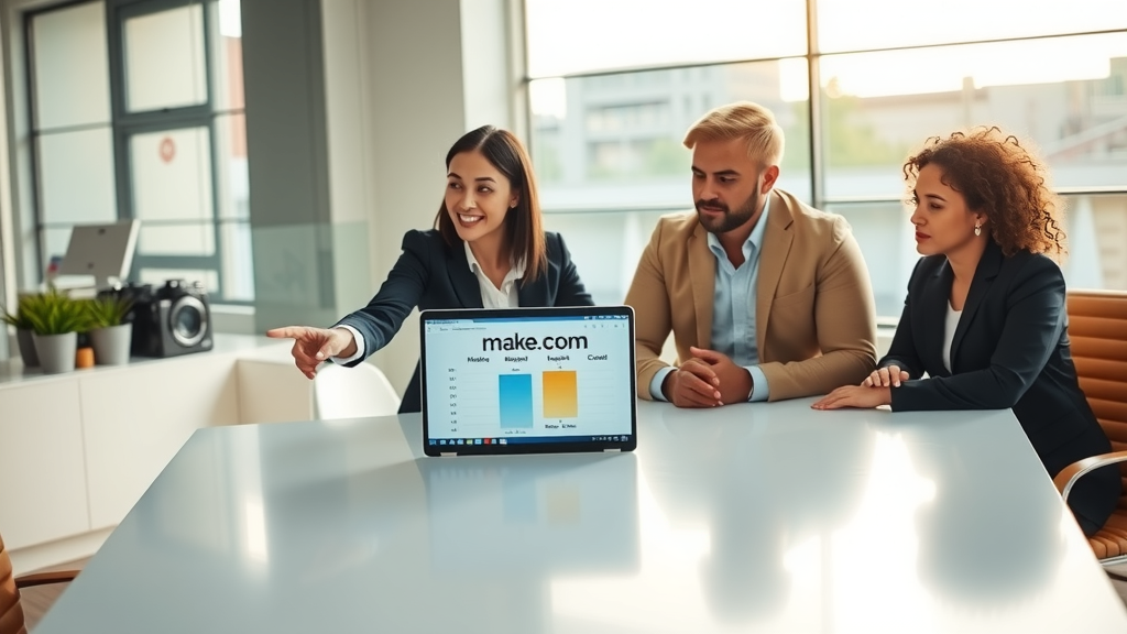 A dynamic scene featuring a diverse group of three professionals in their early 30s engaged in a lively discussion around a sleek, modern conference table in a bright, airy office. One person, a woman with shoulder-length dark hair in business casual attire, enthusiastically points at a laptop screen displaying a comparison chart of Make.com and its competitors. The other two, a man with short blonde hair in a crisp shirt and another woman with curly hair in a blazer, listen intently, with expressions of interest and curiosity. Soft natural light streams in through large windows, creating a warm and inviting atmosphere. The color palette is fresh and professional, with touches of greenery from potted plants on the windowsill. The scene conveys a sense of collaboration, innovation, and informed decision-making, embodying themes of empowerment and positive transformation for business choices.
