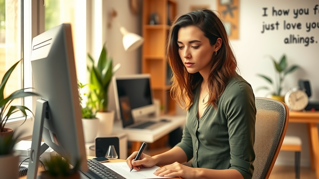 A woman in her early 30s with a thoughtful expression sits at a cluttered desk in a bright, airy home office, surrounded by plants and warm natural light filtering through the window. She reviews her computer screen with a look of determination, taking notes on a notepad beside her with simple troubleshooting steps visible. In the background, a slight blur suggests a cozy living space, creating an inviting atmosphere. The lighting is soft and calm, evoking a sense of focus and problem-solving. The color palette is warm with earthy tones, enhancing the harmony of the scene, while a motivational quote on the wall subtly signifies empowerment through technology and personal growth.