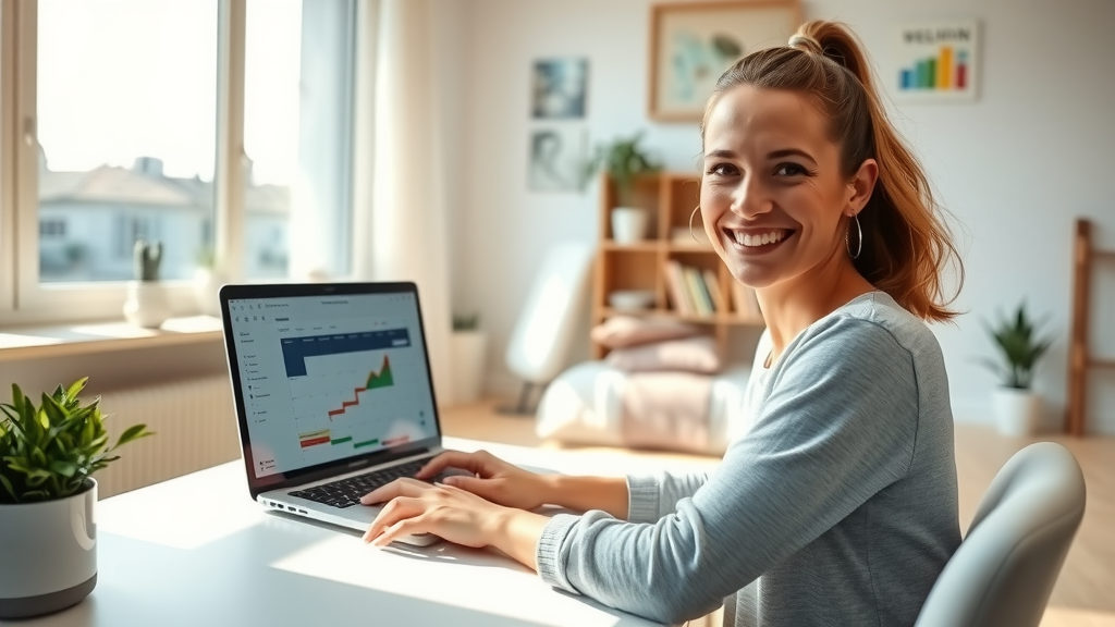 A vibrant indoor scene featuring a cheerful young woman in her early 30s, seated at a minimalistic home office desk with an organized workspace, smiling as she interacts with a laptop displaying social media scheduling software. The room is bathed in warm, soft natural light streaming through a large window, giving a sense of openness and freedom. In the background, a cozy living room area with a bookshelf and a couple of houseplants signifies a balanced life. A calendar on the wall highlights two free evenings marked in bright colors, symbolizing newfound time. The camera angle is eye-level, capturing her joyful expression and the inviting atmosphere, evoking feelings of liberation from routine and the joy of using technology for personal empowerment.