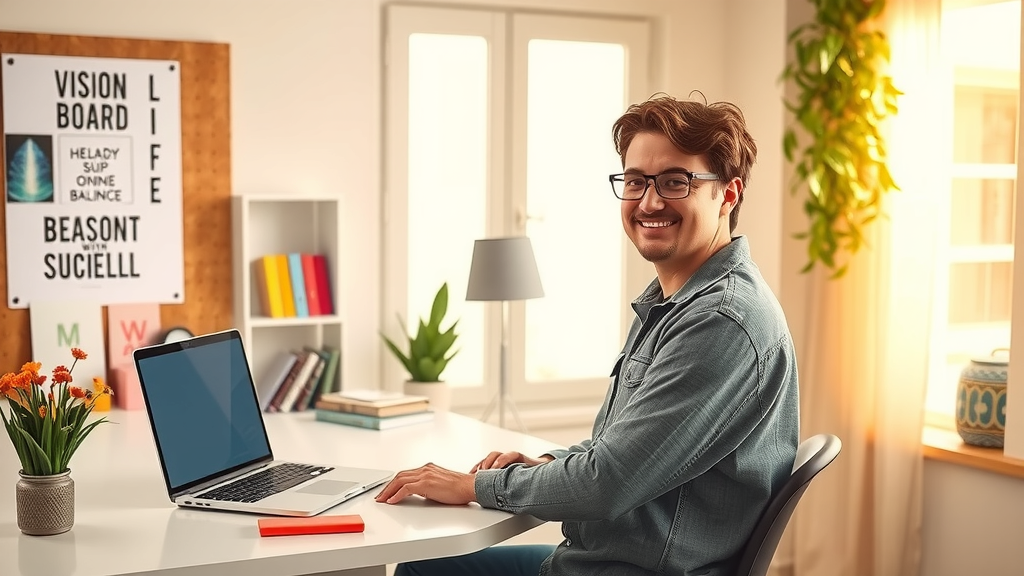 A vibrant scene featuring a young adult in their early 30s, exuding a sense of accomplishment and joy, standing proudly in a stylish home office filled with natural light. They are wearing casual, comfortable clothing, and their expression radiates confidence and happiness as they sit at a sleek desk, showcasing their successful online shop on a laptop screen. Surrounding them are elements of personal growth, like a vision board with motivational quotes, a potted plant that adds a touch of nature, and colorful product samples neatly arranged around the workspace. The warm sunlight filtering through a window creates a serene atmosphere, highlighting the harmony between work and personal life, emphasizing liberation from previous nighttime struggles. The overall mood is uplifting and inspiring, capturing the essence of overcoming challenges to achieve a fulfilling work-life balance.