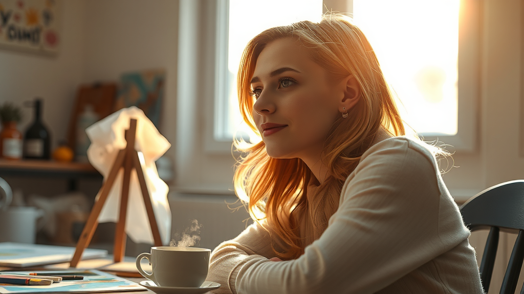 A close-up shot of a young woman in her late 20s with a contemplative expression, sitting at a cozy kitchen table surrounded by colorful, unfinished art projects and a steaming cup of tea. Sunlight streams through a window, casting a warm glow, creating a serene and inviting atmosphere. In the background, a gentle mess of paints and brushes suggests the joy of creativity rather than perfection. Her posture is relaxed, and she gazes out the window, embodying a moment of reflection before embracing freedom from constraints. The color palette is soft and warm, evoking a sense of calm and happiness.
