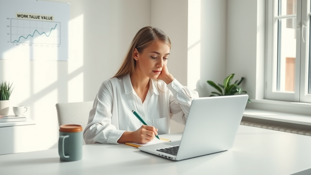 A contemplative scene of a young professional woman in her early 30s, sitting at a minimalist home office desk with a laptop open in front of her. She has a focused expression, jotting down notes on a notepad while calculating her work value. The workspace is bright and airy, decorated with a small plant and a coffee mug, soft natural light streaming in through a large window. The background subtly shows a chart on the wall outlining financial growth, representing the journey of understanding one's worth. The color palette is fresh and inviting, evoking a sense of clarity and motivation for personal growth and improvement.