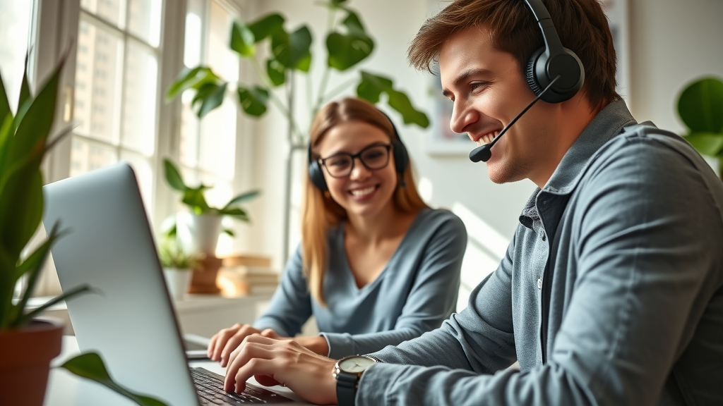 A close-up scene of a friendly customer service representative in their early 30s, wearing a casual outfit with a headset, smiling warmly while engaging in a conversation with a client via video call on a sleek laptop. The setting is a bright, serene home office filled with plants and natural light, conveying a sense of comfort and personal touch. The camera angle is slightly low, emphasizing the connection between the representative and the client, showcasing genuine human interaction amidst an organized workspace. Subtle technology elements, like a smartwatch and a tablet nearby, highlight the automation tools used effortlessly during the conversation. The overall mood is uplifting and positive, embodying the harmony between effective automation and authentic customer communication.