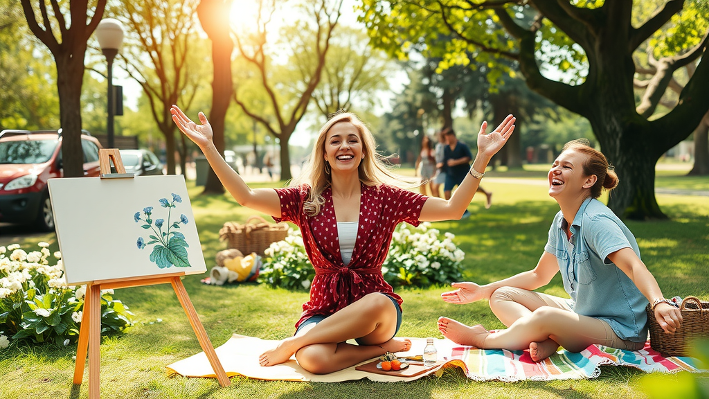 A vibrant scene depicting a diverse group of four adults in their 30s and 40s, joyfully engaging in various leisure activities in a sunny park, celebrating their newfound free time thanks to automation. One person is painting on a canvas, another is practicing yoga on a mat, while two others are laughing as they share a picnic on a colorful blanket, surrounded by blooming flowers and lush greenery. The sunlight filtering through the trees creates a warm and inviting atmosphere, highlighting genuine smiles and a sense of liberation. The composition features a wide-angle view to capture the energy and camaraderie among the group, evoking feelings of joy, freedom, and the excitement of exploring new horizons. The color palette is bright and cheerful, dominated by greens, blues, and floral hues, reinforcing an uplifting mood.