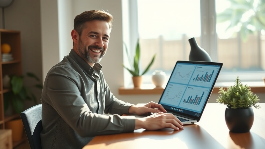 A businessman in his early 40s with a confident and relaxed expression, sitting at a modern desk in a bright, well-organized home office. He is reviewing a detailed report on his laptop, showcasing graphs and calculations, symbolizing the ROI of automation. Sunlight floods the room through a large window, illuminating potted plants and minimalist decor that convey a sense of tranquility and productivity. The composition is an eye-level shot, capturing the enthusiasm in his demeanor, with soft shadows creating a calm and inviting atmosphere. The color palette features warm tones and greenery, enhancing the feeling of personal growth, empowerment, and innovative thinking.