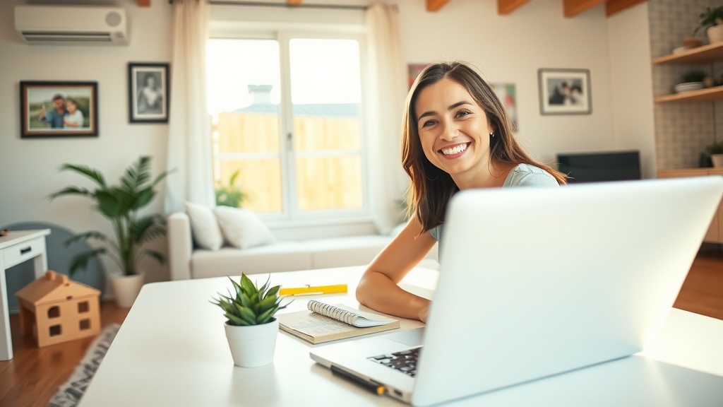 A bright and inviting home office scene showcasing a woman in her early 30s, casually dressed, with a joyful smile as she works on her laptop. She is sitting at a clean, modern desk adorned with a small potted plant and a notepad, the workspace bathed in warm, soft natural light coming through a large window. In the background, a cozy living space is visible, hinting at family life with a few personal touches such as a family photo on the wall and children's toys neatly arranged. The composition is eye-level, emphasizing the serene environment and the woman's relaxed posture, radiating a sense of calm and productivity. The overall mood is uplifting and harmonious, showcasing a balanced blend of work and personal life, symbolizing the freedom gained through automation.