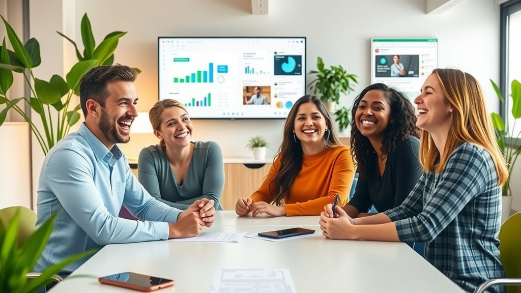 A vibrant scene capturing a diverse group of four professionals in their 30s and 40s, sitting around a modern, minimalist conference table in a bright office space filled with greenery. They are laughing and engaging in a brainstorming session, showcasing a human-centered approach in social media marketing. The lighting is warm and inviting, enhancing the cheerful atmosphere. In the background, there are screens displaying creative charts and social media posts, symbolizing successful automation while retaining individuality. The focus is on their joyful expressions and collaborative spirit, with a color palette that is fresh and energizing, reflecting a harmonious balance between technology and personal connection.