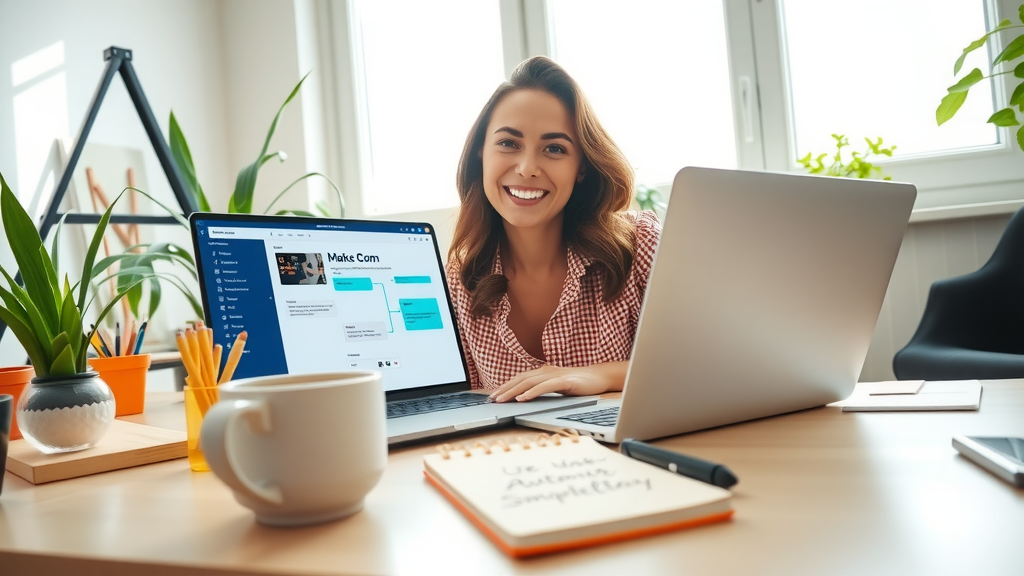 A focused woman in her 30s, dressed casually in a bright, airy home office, is joyfully automating her tasks on a sleek laptop. She has a relaxed smile as she glances at a digital screen showcasing a simple workflow on Make.com. The workspace is organized with plants and colorful stationery, bathed in soft natural light streaming through a large window. In the foreground, a coffee cup and a notepad with handwritten notes add a personal touch. The atmosphere is calm and empowering, representing the joy of technology simplifying life without the need for complex programming. The image composition is eye-level, capturing her confident expression and the warmth of the environment, evoking a sense of freedom and liberation in her work-life integration.