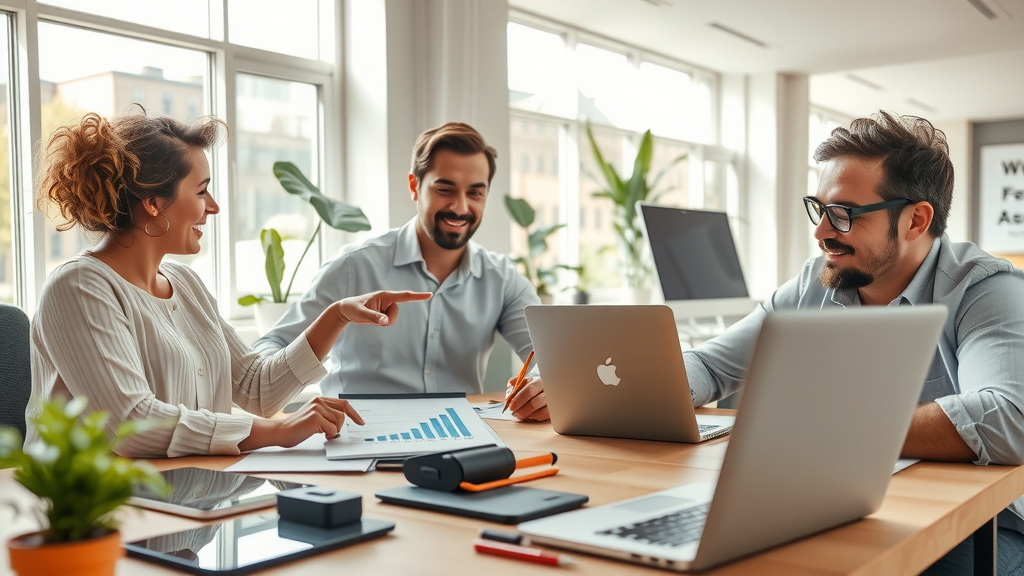 A dynamic and engaging scene showcasing a diverse group of three professionals in a modern, well-lit office space, all in their 30s and 40s, actively discussing ideas around a large table filled with digital devices and charts. One woman, with a look of enthusiasm, points at a tablet displaying growth statistics while a man nods appreciatively, showcasing their interest in automation. A slight man with glasses takes notes on a laptop, exuding focus and determination. The setting includes bright natural light streaming through large windows, giving a feeling of openness and possibilities. The colors are vibrant and energetic, with a sense of motivation and collaboration in the air, reflecting a positive transformation and breaking myths around automation's impact on business growth. The composition uses a wide-angle view to capture the spirit of teamwork and innovation, with elements like plants and motivational posters in the background that enhance the theme of progress and empowerment.