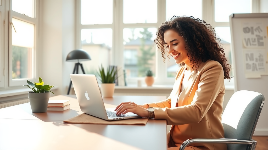 A modern, bright office space featuring a woman in her early 30s with a joyful expression, seated at a sleek desk while interacting with a virtual AI assistant on her laptop. The room is filled with natural light streaming through large windows, emphasizing a sense of ease and productivity. Surrounding her are minimalistic decor elements like a potted plant and a comfortable chair. The mood is vibrant and empowering, showcasing how technology can simplify life and create time for what truly matters. The composition is an eye-level shot, capturing both the woman’s satisfaction and the cozy, organized workspace.