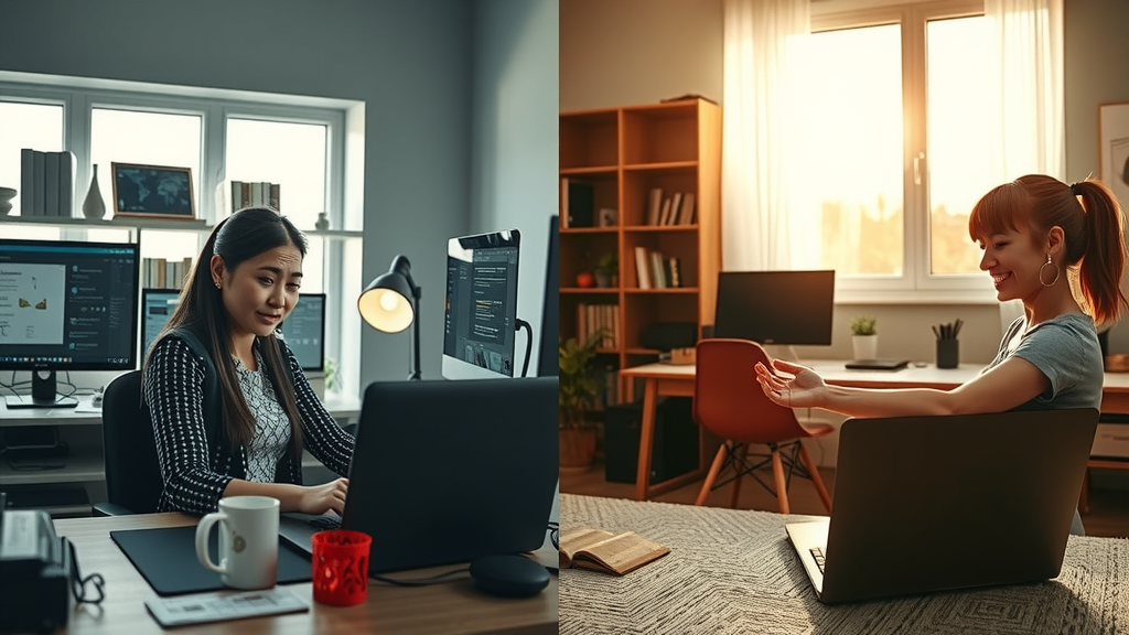A compelling split-scene image showing two contrasting realities. On the left, a young woman in her mid-30s with a frustrated expression, sitting at a cluttered desk with multiple screens showing free software that is confusing and overwhelming. The lighting is harsh and artificial, casting shadows that evoke a sense of chaos. On the right, the same woman now appears calm and happy, sitting in a cozy, well-organized home office with sunlight streaming through the window, enjoying a paid tool that simplifies her tasks. She is smiling confidently while analyzing her work on a sleek laptop. The color palette on the right is warm and inviting, radiating feelings of tranquility and efficiency, highlighting the joyful transformation from stress to clarity.