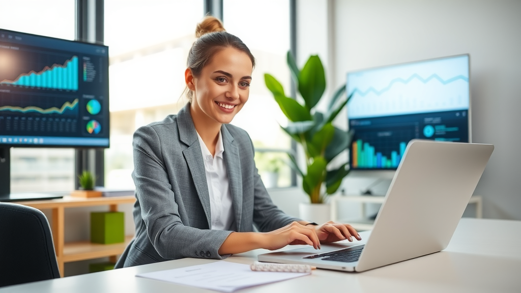 A professional setting featuring a businesswoman in her early 30s, dressed in smart casual attire, confidently smiling while reviewing data on her laptop in a sleek, modern office workspace. She is surrounded by clear organization, with technology like screens displaying graphs and workflow automations subtly enhancing the calm atmosphere. Soft natural light floods the space, suggesting a sense of clarity and focus. In the background, a beautiful potted plant adds a touch of warmth to the environment. The composition is an eye-level shot, highlighting her expression of satisfaction and empowerment, illustrating how automation simplifies tasks and promotes business security. The overall mood is positive and uplifting, embodying the theme of efficiency through technological simplicity.