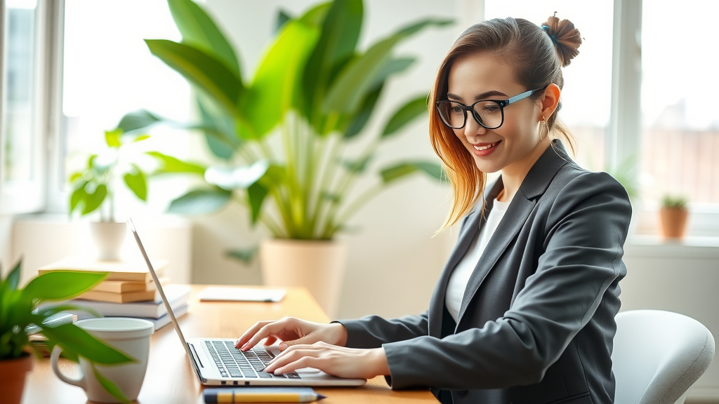 A dynamic close-up shot of a young woman in her early 30s, wearing a smart casual outfit, working on her laptop in a bright, modern workspace filled with plants and natural light. She has an expression of focus and satisfaction as she explores a streamlined digital interface on her screen, symbolizing efficient supplier sourcing through automation. The background includes a minimalist desk setup with a notepad and a coffee cup, embodying work-life balance and positive transformation. Soft sunlight casts a warm glow over the scene, creating an inviting and productive atmosphere.