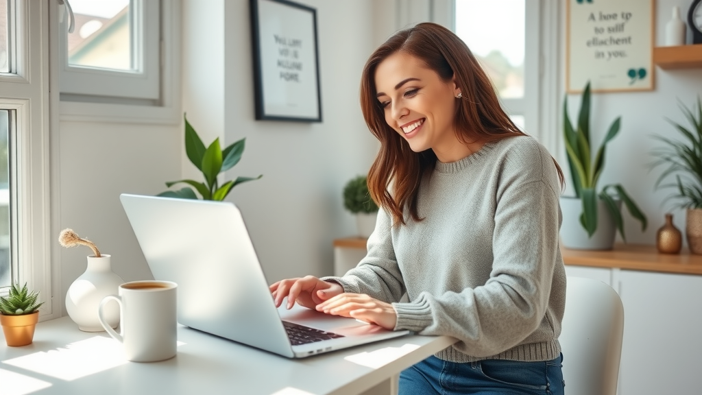 A bright and modern home office scene featuring a woman in her early 30s, with a joyful expression as she engages with a laptop displaying a visually appealing online calculator interface. Sunlight pours through a large window, illuminating her workspace filled with plants and inspiring quotes on the wall. She is casually dressed in a comfortable sweater and jeans, sitting at a clean desk with a steaming cup of coffee beside her, embodying a sense of creativity and productivity. The atmosphere is harmonious and empowering, showcasing the seamless blend of technology and personal fulfillment, with soft natural colors to evoke a welcoming mood. A close-up shot captures her focused but relaxed demeanor, reflecting the ease of creating without programming.