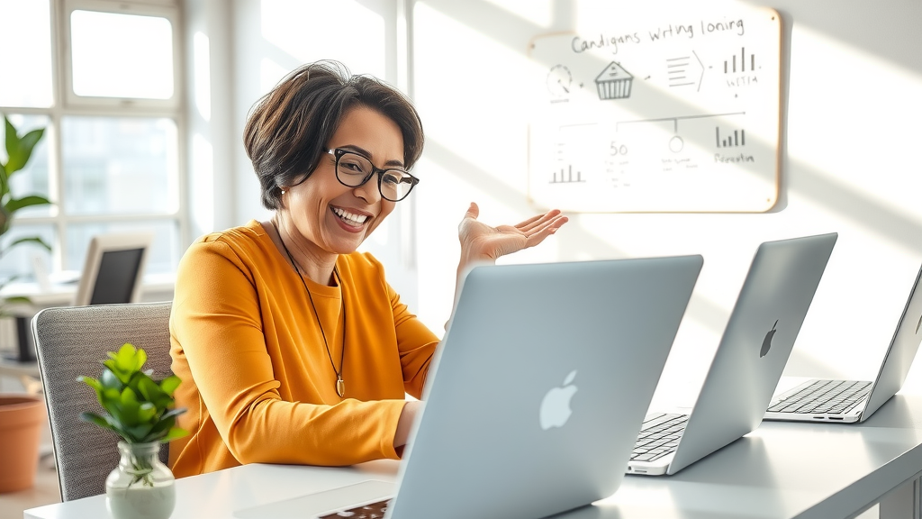 A vibrant and modern office scene featuring a middle-aged woman with glasses, smiling confidently while sitting at her sleek desk, surrounded by a few open laptops displaying charts and graphs. She is reviewing resumes on her screen with enthusiasm, embodying a sense of empowerment and joyful productivity. The room is brightly lit with natural light streaming through large windows, creating a warm atmosphere. On her desk, a small plant adds a touch of nature, while a whiteboard behind her showcases neatly organized notes about candidate workflows. The background reflects a minimalist design, emphasizing a focus on technology and automation in recruitment. The overall mood is energetic and positive, suggesting a successful integration of work and life balance through efficient candidate management and automation.