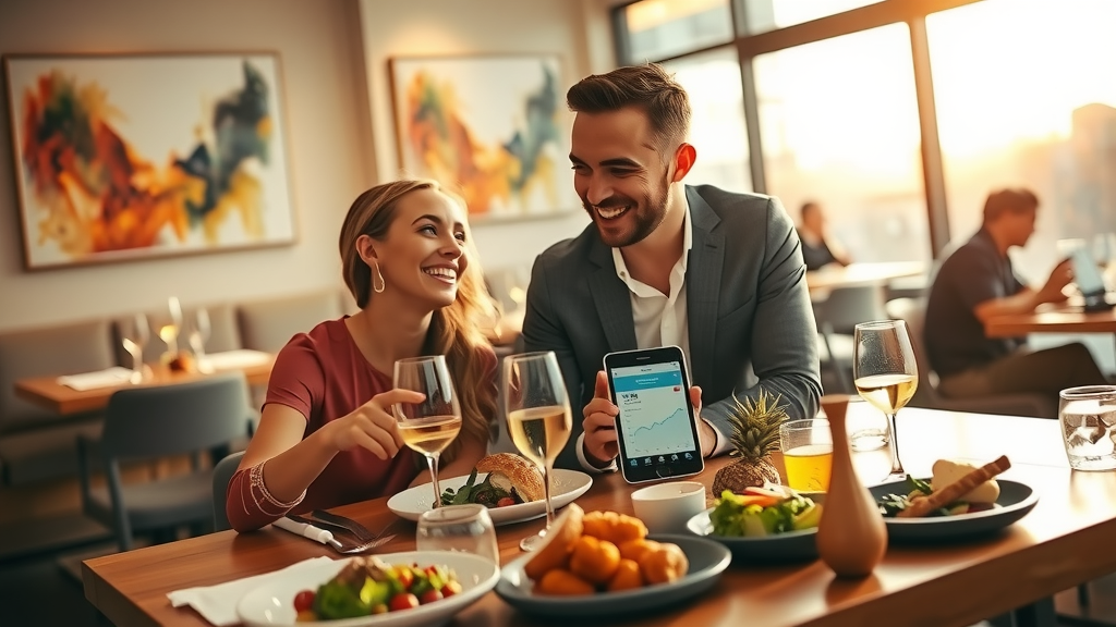 A bright and inviting scene set in a modern restaurant with warm lighting and a cozy atmosphere, featuring a man and a woman in their early 30s engaged in discussion over a beautifully presented dinner table with a gourmet meal. The man, wearing a smart casual outfit with a cheerful smile, is pointing at a tablet displaying a financial app, while the woman, dressed elegantly, leans in with curiosity and interest. Soft, golden hour light filters through the window, casting a warm glow over the table filled with delicious food and drinks. In the background, there are abstract art pieces on the walls and a glimpse of fellow diners enjoying their meals, creating a lively yet serene ambiance. The overall mood is one of discovery and enjoyment, with a focus on the joyful interaction and technological empowerment in managing dining experiences.