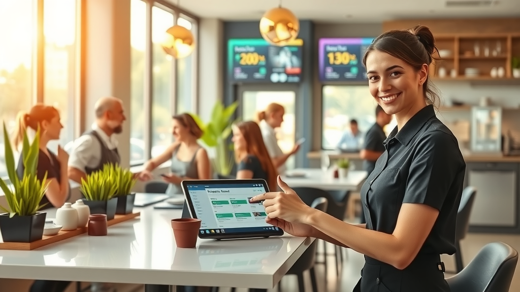 A vibrant scene in a modern restaurant showcasing the impact of automation in the HoReCa sector. In the foreground, a smiling waitress in her 30s with a stylish uniform is interacting with a customer at a sleek, minimalist table, tablet in hand displaying an efficient booking system. Behind her, chefs of diverse backgrounds, engaged in culinary creativity, are working seamlessly in an open kitchen with high-tech appliances. The restaurant features large windows allowing warm daylight to flood the space, highlighting the contemporary decor with potted plants and digital menu boards displaying delivery options. The atmosphere is lively yet calm, capturing the joy of efficient service and customer satisfaction. The color palette is warm and inviting, fostering a sense of modern dining experience. The composition centers on the interaction between the waitress and customer, embodying the transformation that automation brings to reservations, delivery, and customer feedback in the restaurant industry.