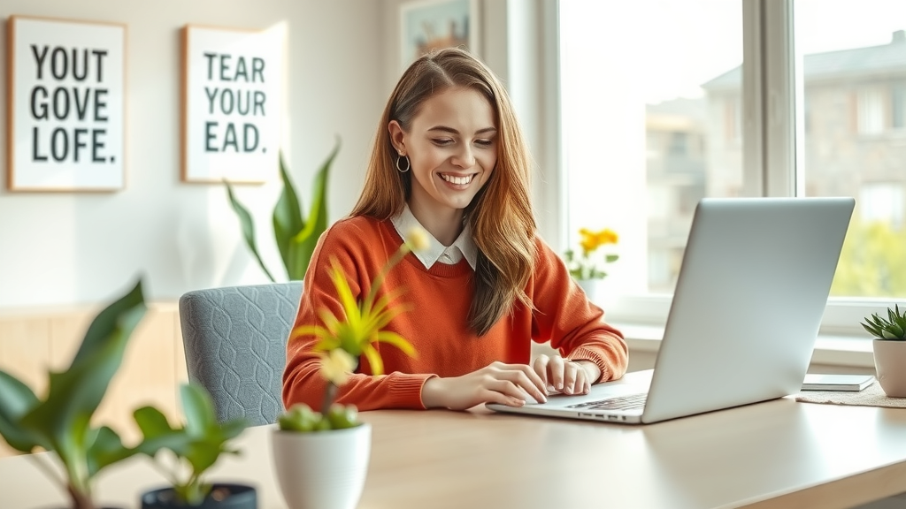 A modern and engaging workspace featuring a young woman in her late 20s, smiling confidently as she effortlessly manages digital advertising campaigns on her laptop. The setting is a bright and minimalistic home office adorned with plants and motivational artwork on the walls, with soft natural light streaming in through a large window. She is surrounded by elements that symbolize automation and efficiency, such as a clean desk with a digital display showing analytics and campaign graphs. The atmosphere exudes a sense of calm and accomplishment, with a focus on the integration of technology that makes her work life harmonious and stress-free. The color palette is warm and inviting, enhancing the feeling of productivity and joy in her professional endeavors.