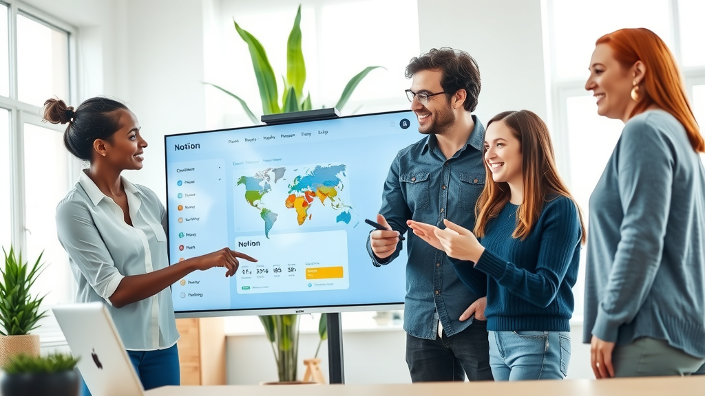 A dynamic workspace scene featuring a diverse team of four professionals in their 30s, engaged in a collaborative discussion over a large digital screen displaying a Notion workspace. The atmosphere is bright and organized, with natural light streaming in through large windows, highlighting a clean and minimalist office design. One woman in a stylish blouse is actively pointing at the dashboard while a man in a casual shirt takes notes, both looking engaged and focused. Another man in glasses is leaning back with a thoughtful expression, and a woman wearing a sweater is smiling warmly, suggesting joy and productivity. The color palette features calming blues and greens, creating a sense of calm and teamwork, with plants in the background enhancing the serene environment. Captured from a slightly elevated angle to encapsulate the entire team while emphasizing their positive interactions and the vibrant, neatly arranged office setting.