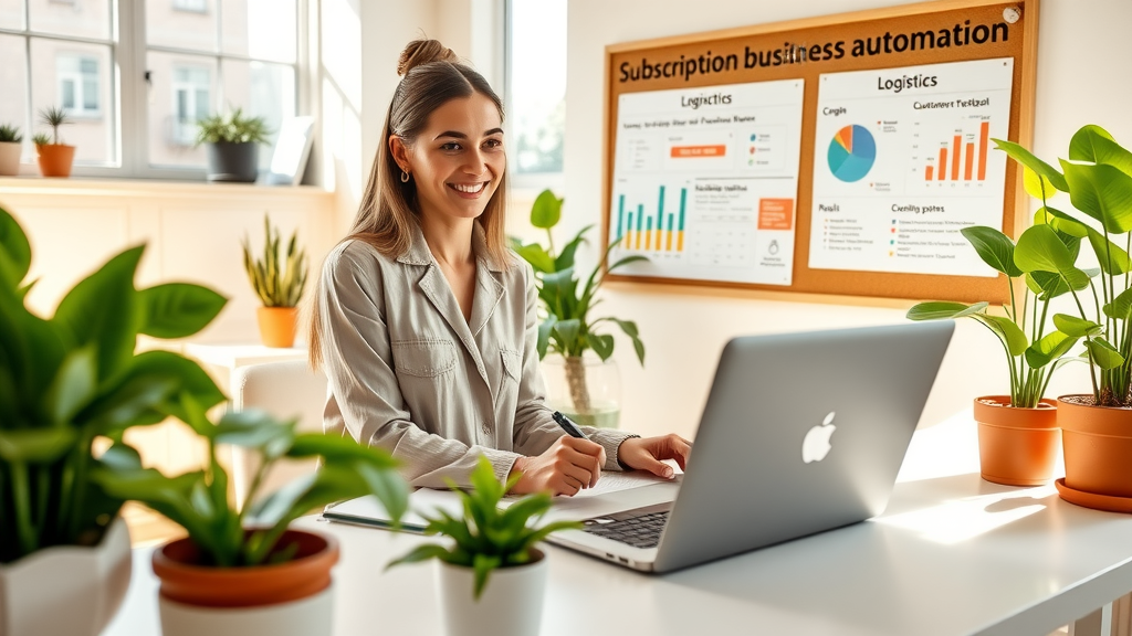 A bright and modern workspace featuring a woman in her early 30s with a confident smile, seated at a sleek desk with a laptop open in front of her, surrounded by vibrant potted plants. She is engaged in a video call discussing subscription business automation, with notes and colorful charts visible around her. The setting is filled with warm, natural light streaming in from large windows, creating an inviting atmosphere. The woman is dressed in a stylish, comfortable outfit, embodying professionalism and ease. The color palette includes soft greens and bright whites, evoking a sense of creativity and productivity. In the background, a corkboard displays customer feedback and logistics plans, symbolizing successful client retention and thoughtful organization. This scene captures the essence of empowerment through technology and the joy of mastering a thriving subscription business.