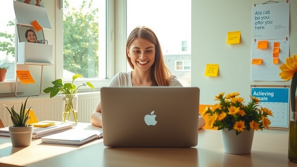 An inspiring scene depicting a young woman in her late 20s, with a bright smile, sitting at a tidy, modern desk in a well-lit home office. She is focused and engaged while working on her laptop, surrounded by motivational quotes on colorful sticky notes and a calendar with achieved goals. The sunlight streams through a nearby window, creating a warm and inviting atmosphere. Plants are neatly placed on the desk, adding a touch of nature. The composition features an eye-level angle, capturing her determination and productivity. The mood is positive and uplifting, conveying a sense of accomplishment and clarity, emphasizing the power of automation and personal motivation as tools against procrastination. The color palette is vibrant and encouraging, filled with greens and yellows.