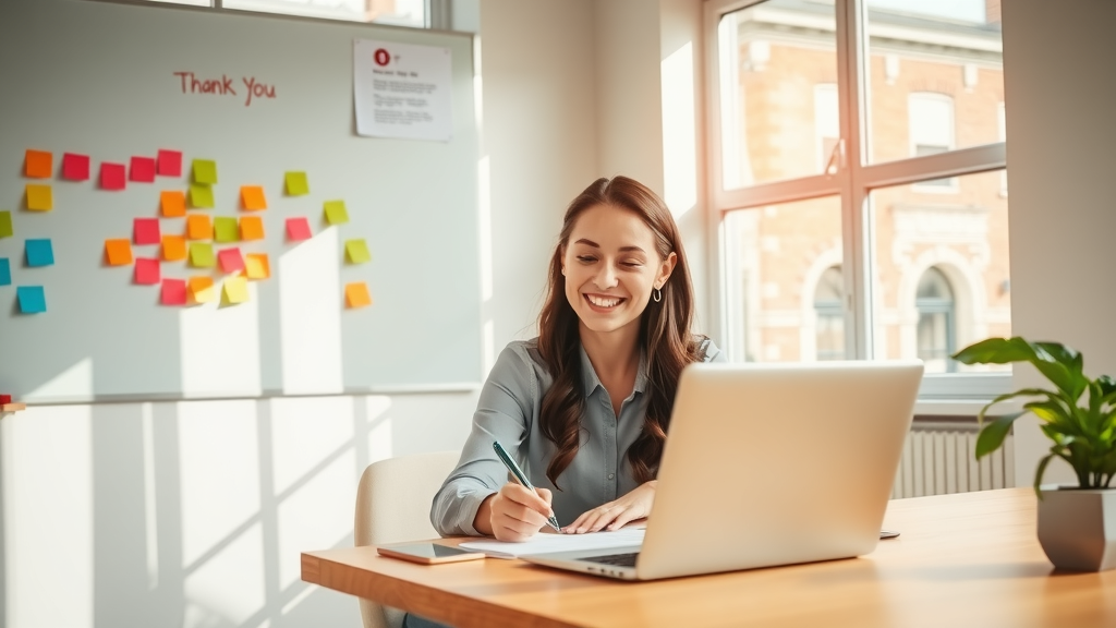 A modern, bright office setting featuring a young woman in her late 20s with an enthusiastic expression, sitting at a stylish desk equipped with a laptop and a notepad. She's drafting event plans with a big smile, demonstrating joy and engagement in her work. Natural sunlight streams through large windows, giving a warm and inviting atmosphere. The background includes a whiteboard filled with colorful post-it notes and a thank-you letter on the wall, symbolizing successful client interactions. The scene captures a sense of freedom and empowerment, showcasing how automation can enhance efficiency in event planning, creating a perfect balance between work and creativity.