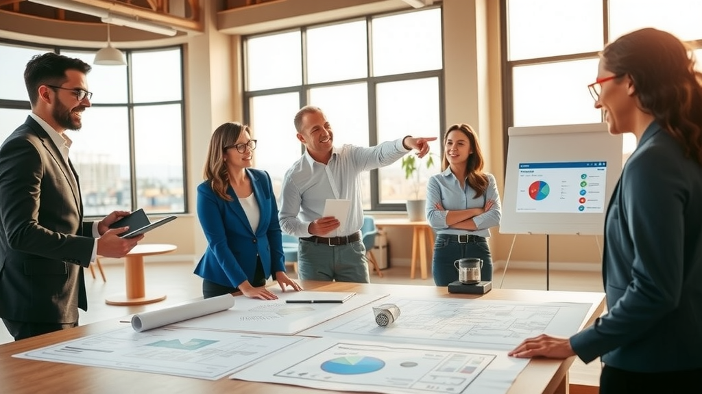 A dynamic and modern construction office scene featuring a diverse team of professionals in their 30s, including a woman in a blue blazer, a man with glasses, and an Asian woman with a tablet in hand. They are engaged in an animated discussion around a large conference table with architectural blueprints spread out. The background showcases large windows with bright daylight pouring in, creating a sense of openness. One team member points at a digital display showing a user-friendly CRM interface, symbolizing technology's role in optimizing operations. The atmosphere is collaborative and forward-thinking, with a warm color palette, conveying energy and innovation. Subtle elements like a potted plant and a coffee machine add a touch of comfort, enhancing the focus on productivity and teamwork.