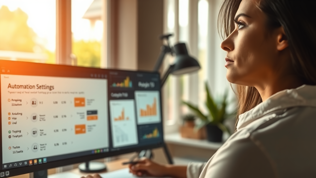 A close-up shot of a thoughtful woman in her early 30s, looking up with a slight frown as she interacts with a modern computer interface displaying automation settings on the screen. Soft warm lighting illuminates her workspace filled with notes and charts, signifying a moment of contemplation about potential risks. In the background, a window reveals a serene garden outside, symbolizing the outside world, and a peaceful ambiance. The scene balances a sense of focus on the task at hand while hinting at the unpredictable consequences of technology, creating a harmonious blend of tension and tranquility.
