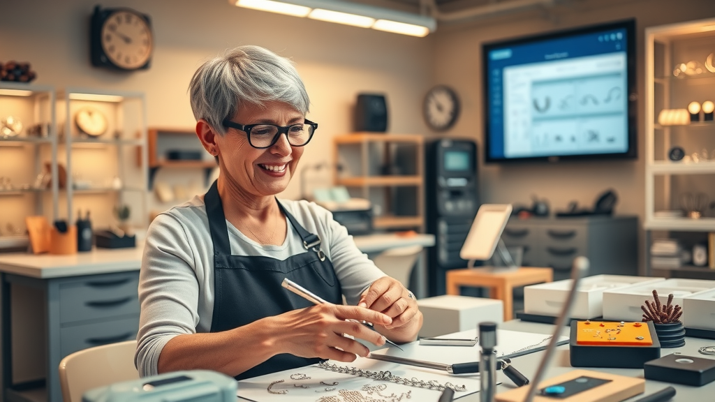 A dynamic and inspiring image of a jewelry workshop featuring a middle-aged woman with short hair and glasses, wearing an apron, smiling as she works with precision on a piece of jewelry. The setting is bright and organized with modern tools and equipment, a clean workspace showcasing various gemstones and designs. In the background, a digital screen displays an order management system, illustrating the integration of technology in her work. The lighting is warm and inviting, capturing the essence of productivity and creativity. The mood is positive and uplifting, reflecting a harmonious balance between craftsmanship and modern efficiency.