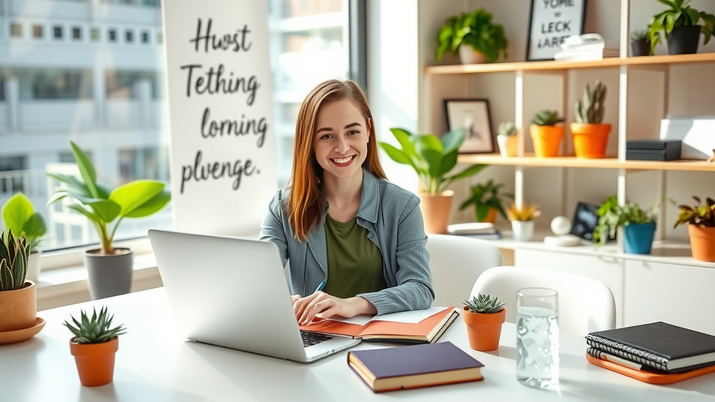 A modern and inspiring workspace scene featuring a young woman in her late 20s, dressed in smart casual attire, sitting at a sleek desk with a laptop open in front of her. She is smiling as she efficiently manages online orders and customer responses through a user-friendly interface. The setting is sunlit with soft natural light streaming through a large window, illuminating various potted plants and motivational quotes on the walls. The background hints at organized shelves with colorful documents and tech gadgets enhancing the atmosphere of productivity. The mood is vibrant and uplifting, portraying a perfect balance between technology and personal fulfillment.