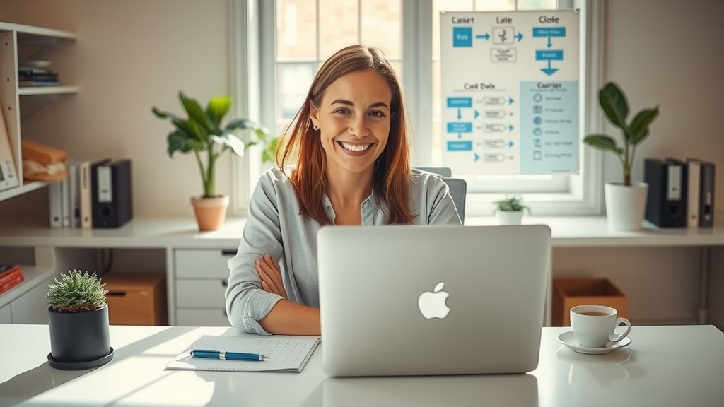 A focused, bright workspace featuring a mid-30s professional woman with an engaging smile, sitting at a sleek desk with a laptop open in front of her. She is surrounded by notes and flowcharts illustrating the stages of a B2B sales funnel from cold emailing to closing deals. The setting includes modern decor with plants, natural sunlight streaming through a window, and a cup of coffee within reach, creating an inviting atmosphere. The camera angle is slightly above eye level, capturing her confident expression and the organized chaos of her workspace, embodying the theme of professional growth and successful automation in sales. The overall mood is positive and productive, with a vibrant color palette that inspires motivation and achievement.