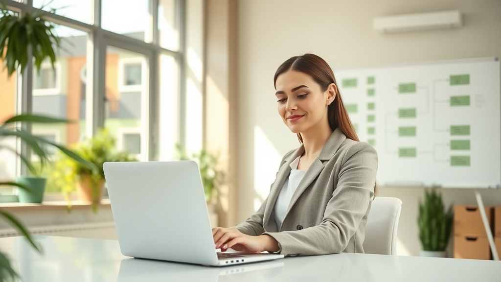 A professional woman in her early 30s wearing a smart casual outfit, sitting at a sleek, modern desk in a bright, airy office filled with greenery, looking relieved and focused as she uses a laptop with automation software on the screen. The sunlight streams through large windows, creating a warm, inviting atmosphere that symbolizes productivity and calm. In the background, a whiteboard displays organized notes and flowcharts, representing efficiency and clarity. The composition captures a moment of genuine satisfaction and empowerment, illustrating how technology aids in reducing fatigue and errors, enhancing overall business effectiveness. The colors are fresh and optimistic, harmonizing with the theme of balance between work and personal well-being.