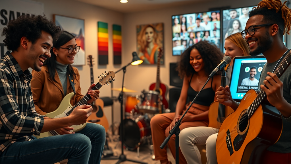 An inspiring wide shot of a diverse group of musicians in their late 20s to early 30s gathered in a cozy, modern studio filled with musical instruments, engaged in a lively discussion about their creative process and fan engagement strategies. One musician is joyfully interacting with a chatbot interface on a tablet, while another is brainstorming ideas for upcoming online concerts displayed on a laptop. Soft, warm lighting creates an inviting atmosphere, accentuating their expressions of enthusiasm and collaboration. In the background, colorful posters of past performances and a digital screen showing live fan interactions add vibrancy and context to the scene. The overall mood evokes excitement, creativity, and connection, embodying the harmonious integration of technology in their artistic lives.